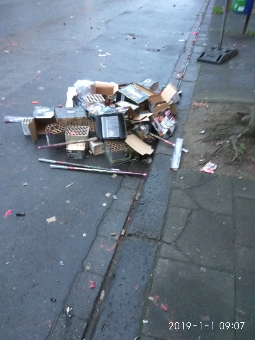 Typisches Bild nach Silvester/Tierquälertag, die Vermüllung der Fahrbahn durch Überreste von Feuerwerk.