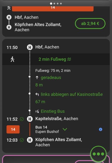 Screenshot von einer Fahrplanauskunft aus der VRR-App
