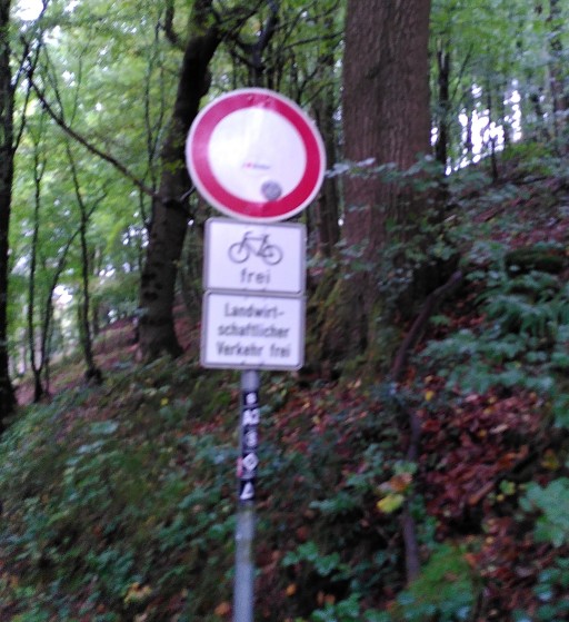 Waldweg mit Verkehrszeichen 250, sowie ein Schild Fahrrad Frei und ein Schild Landwirtschaft frei