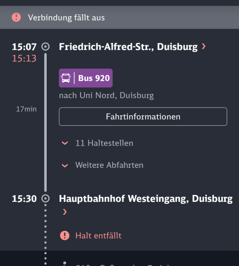 Fahrplanung mit DB Navigator mit dem Hinweis, dass die Fahrt ausfallen würde.