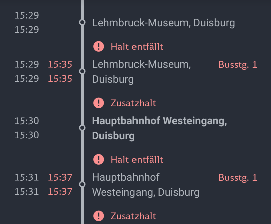 Fahrtverlauf 920 mit Hinweis Halt entfällt und Zusatzhalt