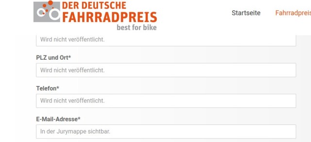 Anmeldung für den deutschen Fahrradpreis mit unklarer Formulierung bzgl. Datenschutz