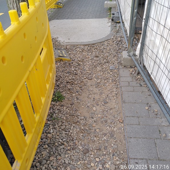 Gekieste Baumscheibe als Teil eines sehr schmalen Gehwegs.