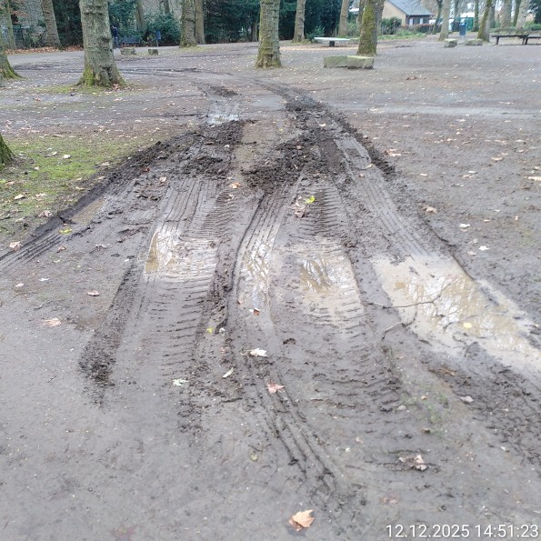 Reifenspuren in Erdboden im Stadtpark Rheinhausen.