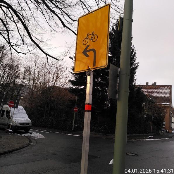 Im Vordergrund ist eine Umleitungsschild mit Pfeil nach Links, im Hintergrund ist eine Einbahnstraße zu erkennen, die das Linksabbiegen für alle Fahrzeuge verbietet.