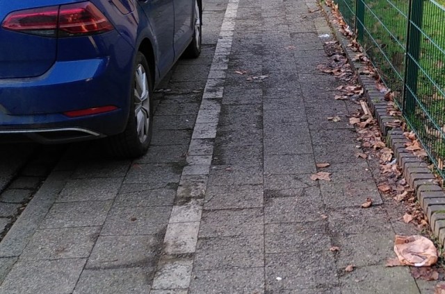 Von Links, zwei Gehwegplatte mit KFZ, weißer Streifen, drei Gehwegplatten für Fußverkehr an Hermannstr. in Duisburg Rheinhausen.