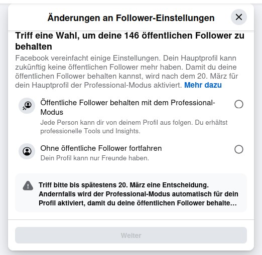 Screenshot der Auswahl bei Facebook, entweder öffentliche Follower verlieren oder Professional-Modus wählen.
