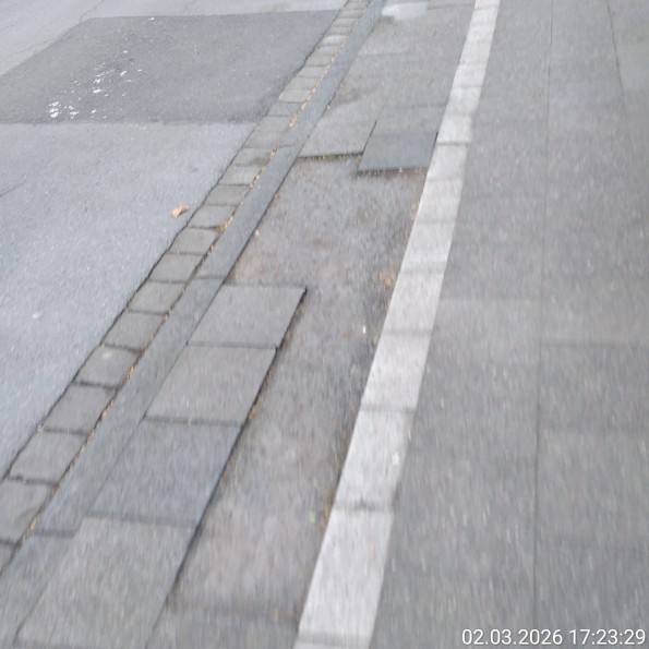 Gehweg mit Parkmarkierung durch einen weißen Streifen. In dem Bereich, wo ansonsten KFZ abgestellt werden, ist der Ersatz von Gehwegplatten durch Asphalt zu erkennen, der auf Schäden durch KFZ hindeutet.