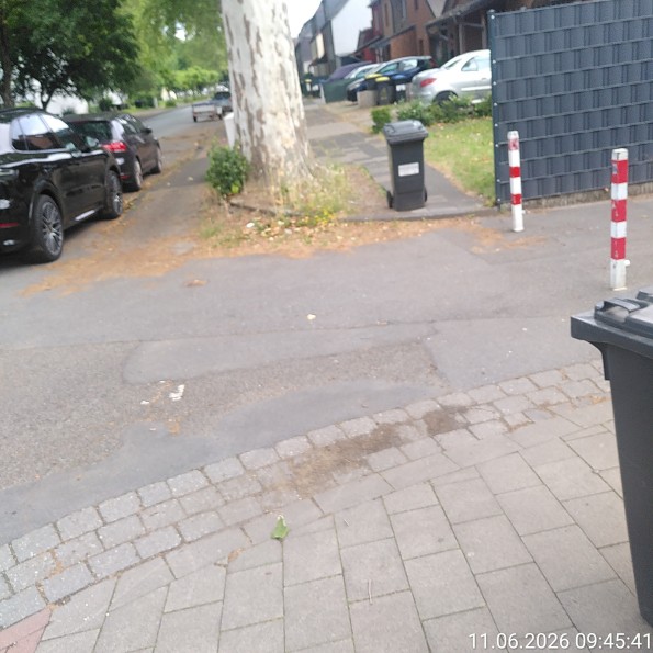 Duisburg Rheinhausen Mülltonne auf Gehweg halbiert die Breite von gerade einmal 90 cm
