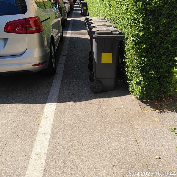 Durch KFZ schon stark eingeengter Gehweg auf ca. 1 m, gegenüber der KFZ ist eine Hecke und da zwischen sind noch mehrere Mülltonen zu sehen.