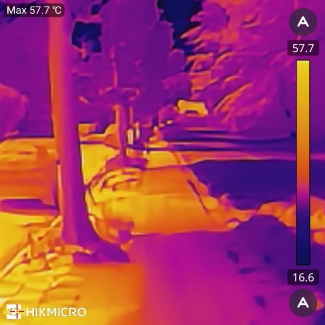 IR-Bild von Straßenabschnitt mit Bäumen und KFZ