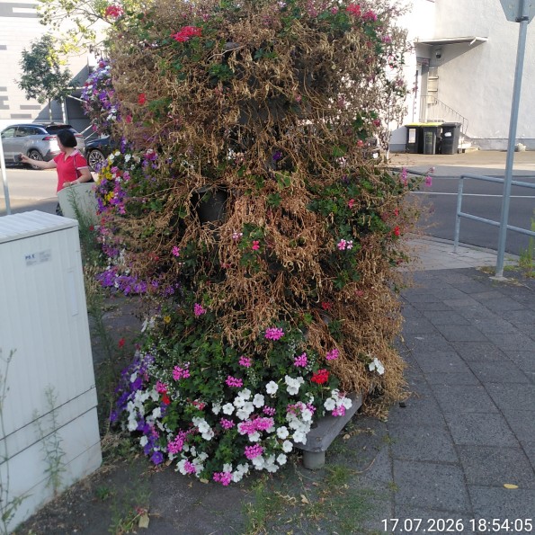 Hoher Ständer mit Blumen, die zum Großteil vertrocknet sind.